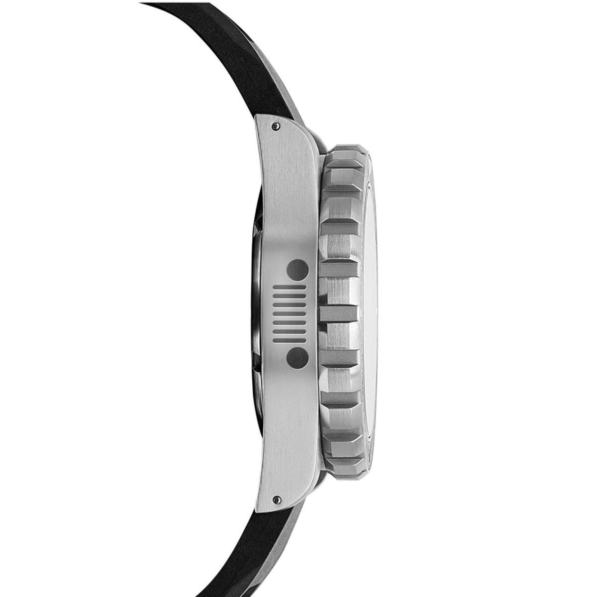 Men's stainless steel diver watch side profile with ridged bezel and crown, olive strap