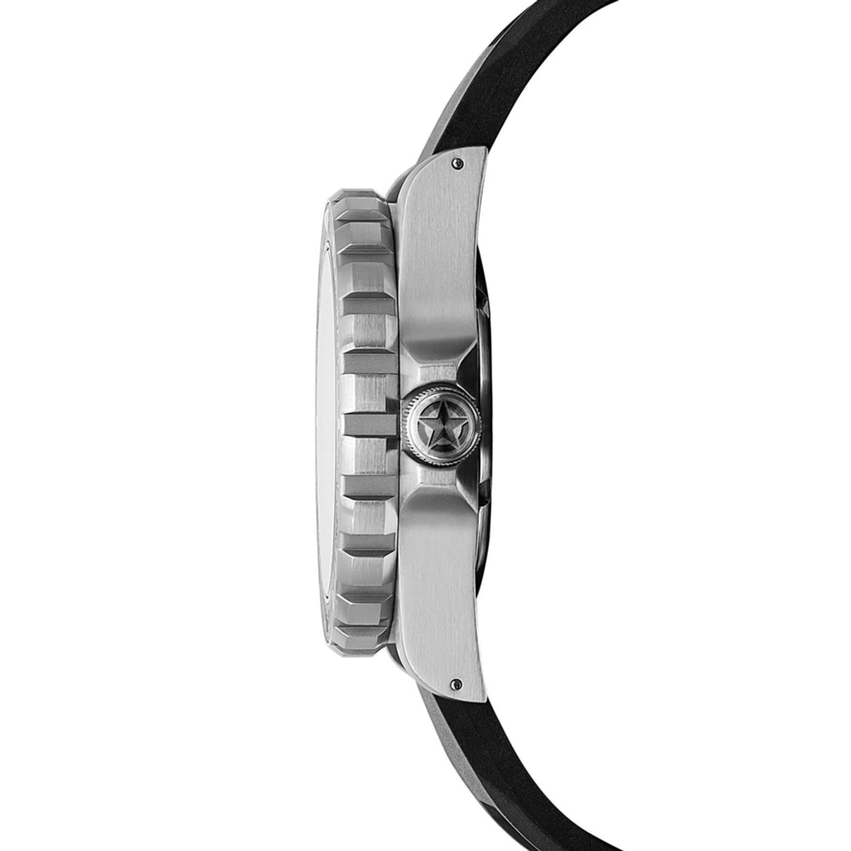 Men's stainless steel diver watch other side profile, ridged case detail, olive strap
