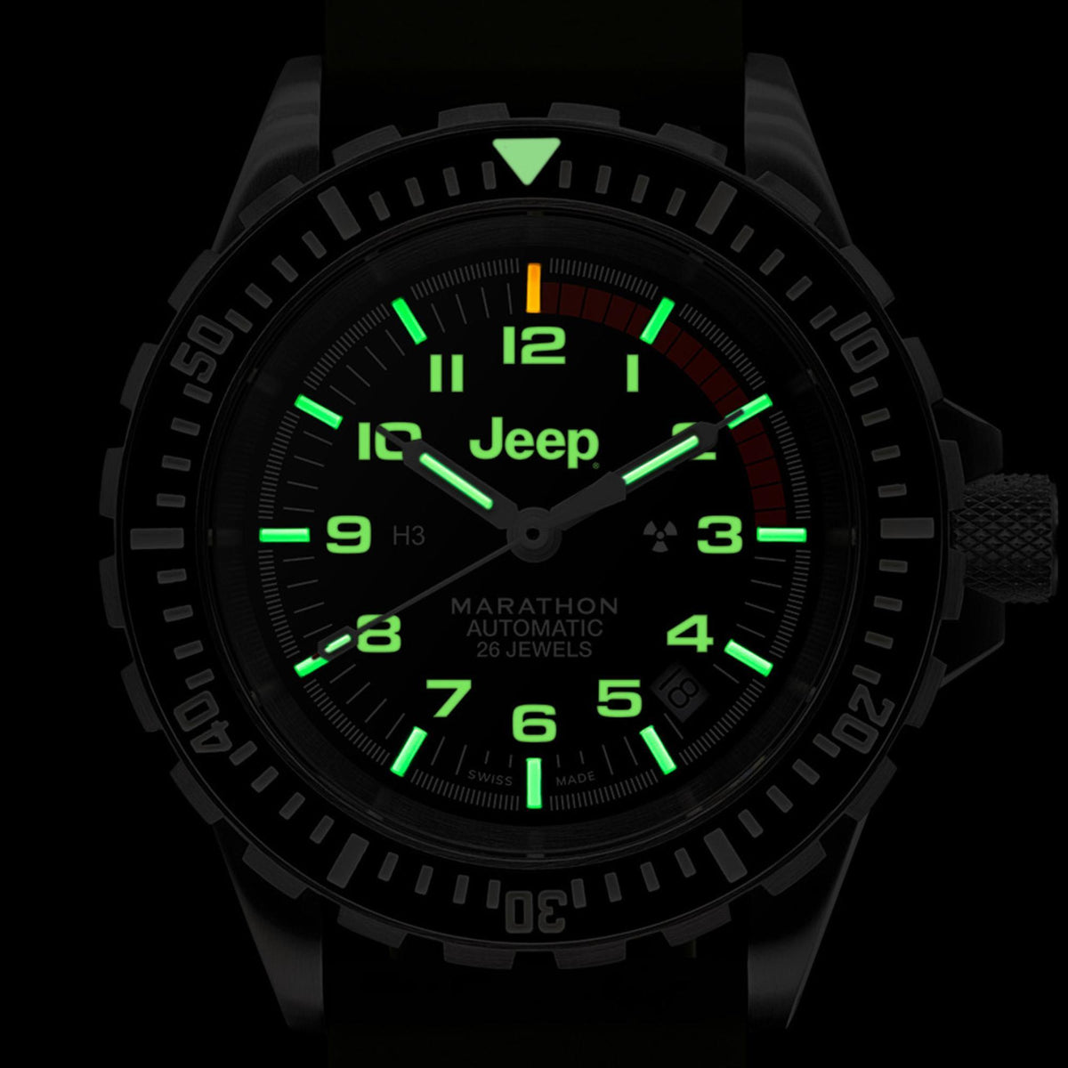 Men's dive watch with black dial, green luminous hands and markers, black bezel