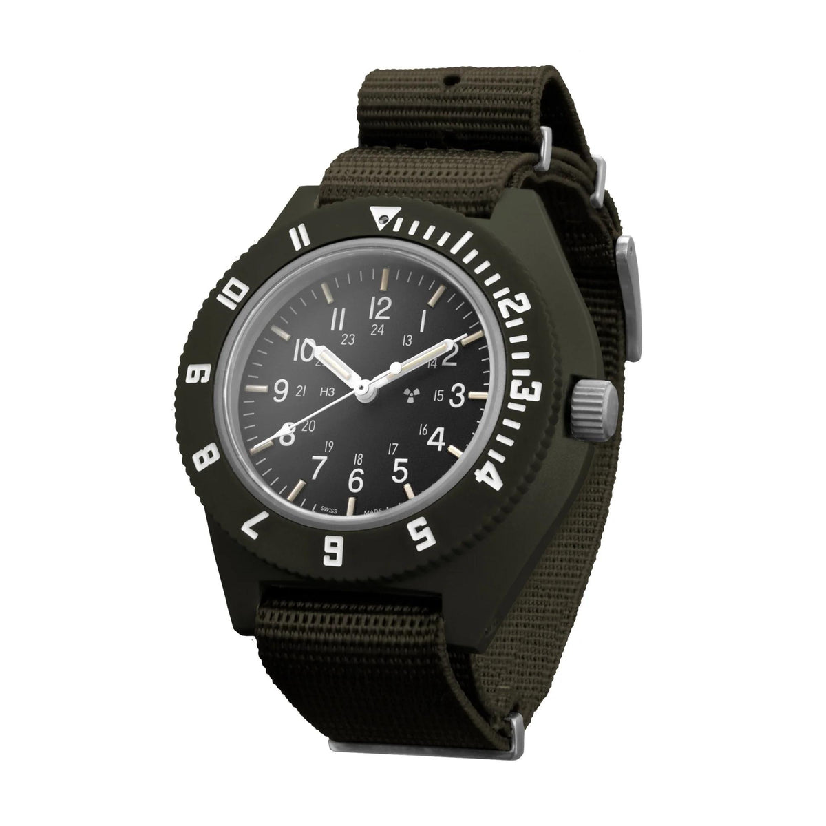 Men's pilot navigator watch with black case, black dial, and olive nylon webbing strap.