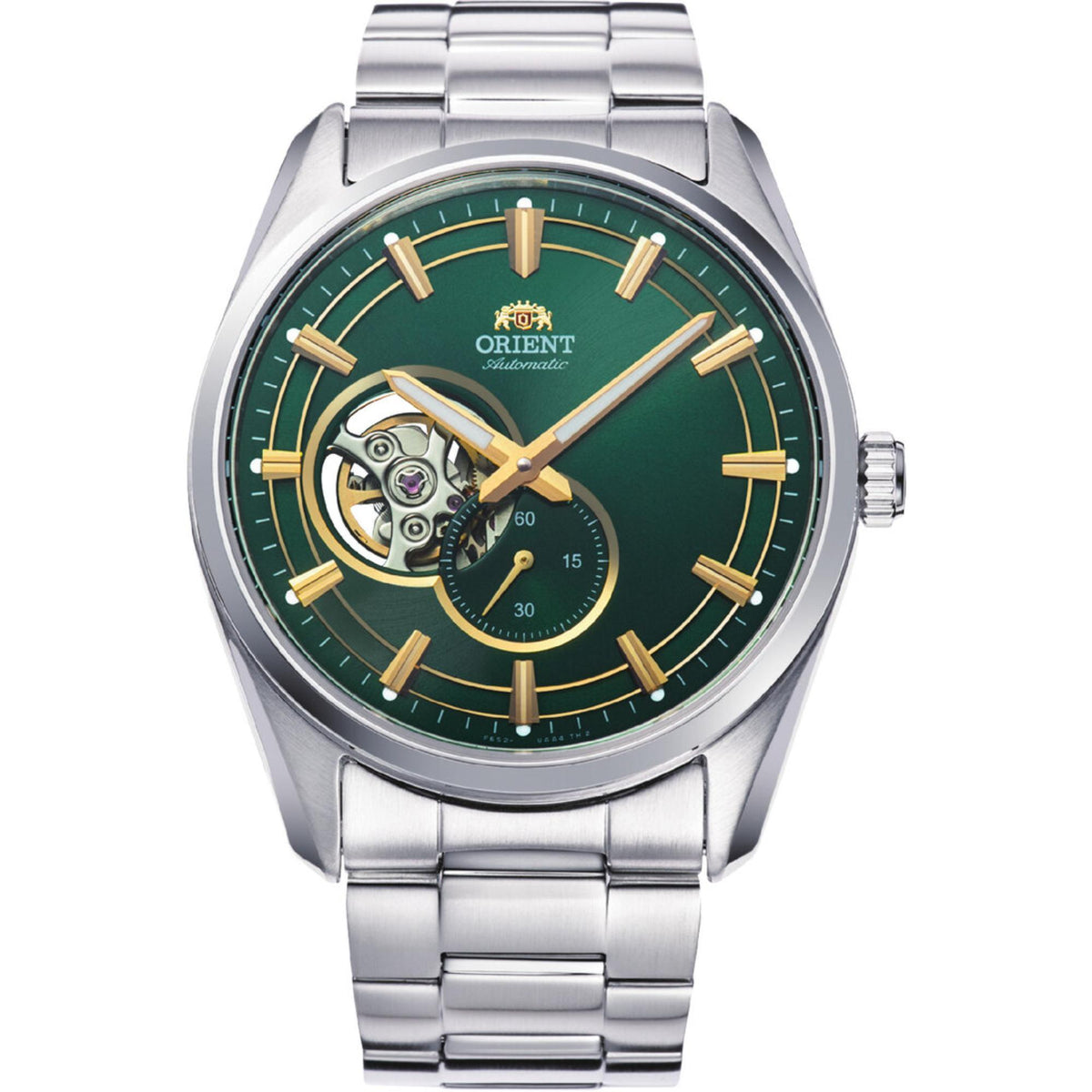 Front view of Orient Stretto RA-AR0008E30B watch highlighting its green semi-skeleton dial and gold-tone hour markers