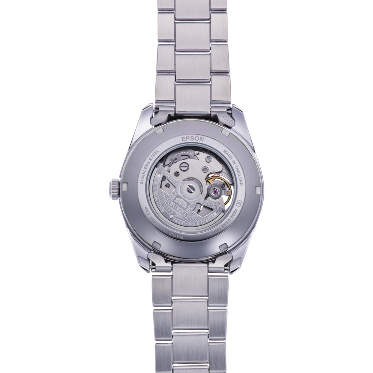 Exhibition caseback revealing the automatic movement mechanics and engraved rotor on the Orient Semi Skeleton Watch RA-AR0008E30B