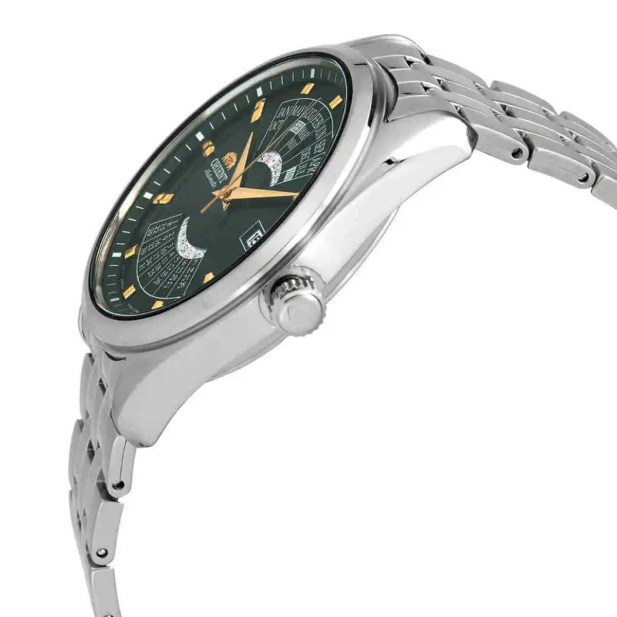 Side profile showing the polished steel case and winding crown of the Orient Multi-Year Calendar RA-BA0002E30B green dial watch