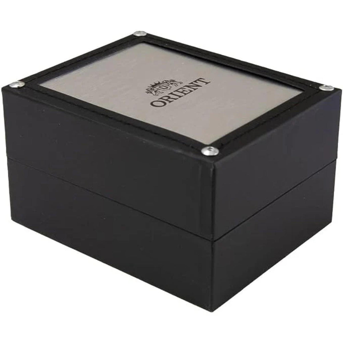 Official black and silver presentation box for the Orient Multi-Year Calendar RA-BA0002E30B mens mechanical watch