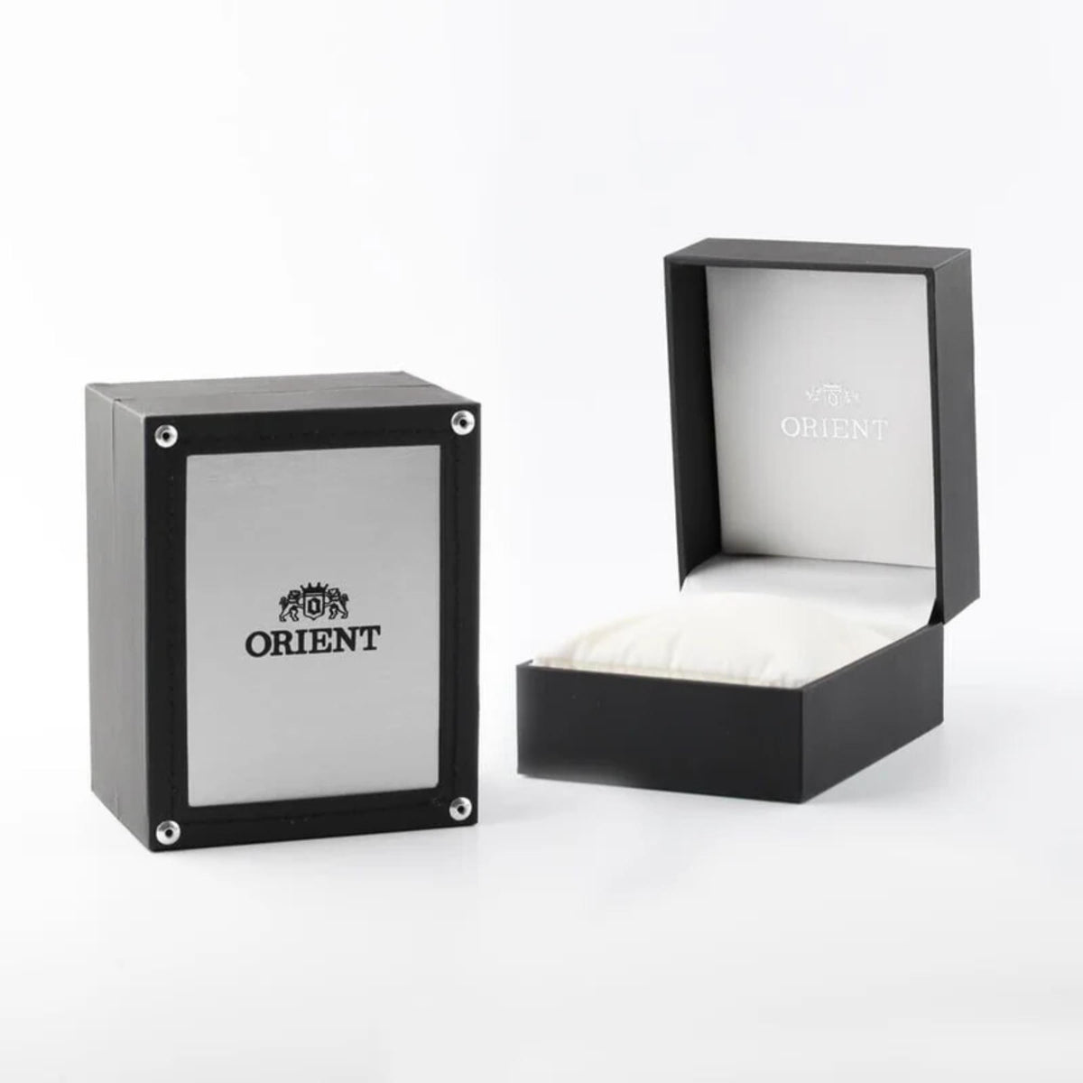 Orient automatic watch with white dial in black presentation box