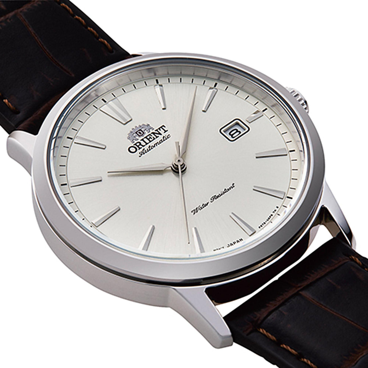 Men's Orient automatic watch with white dial, baton hour markers, dark leather strap