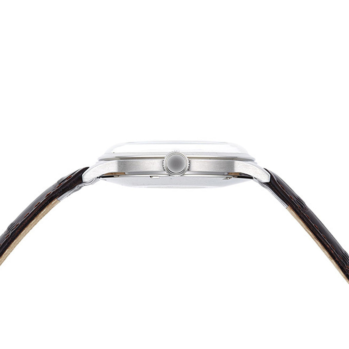 Side view of Orient Bambino TAC00009N0 watch showing its leather strap, crown, and case thickness on a white background