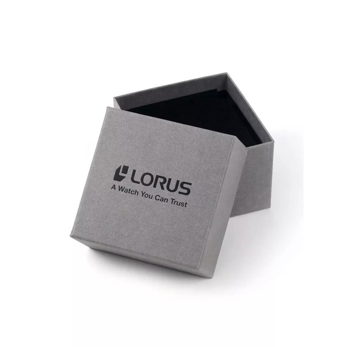 Lorus watch gift box with LORUS logo and slogan on a gray box