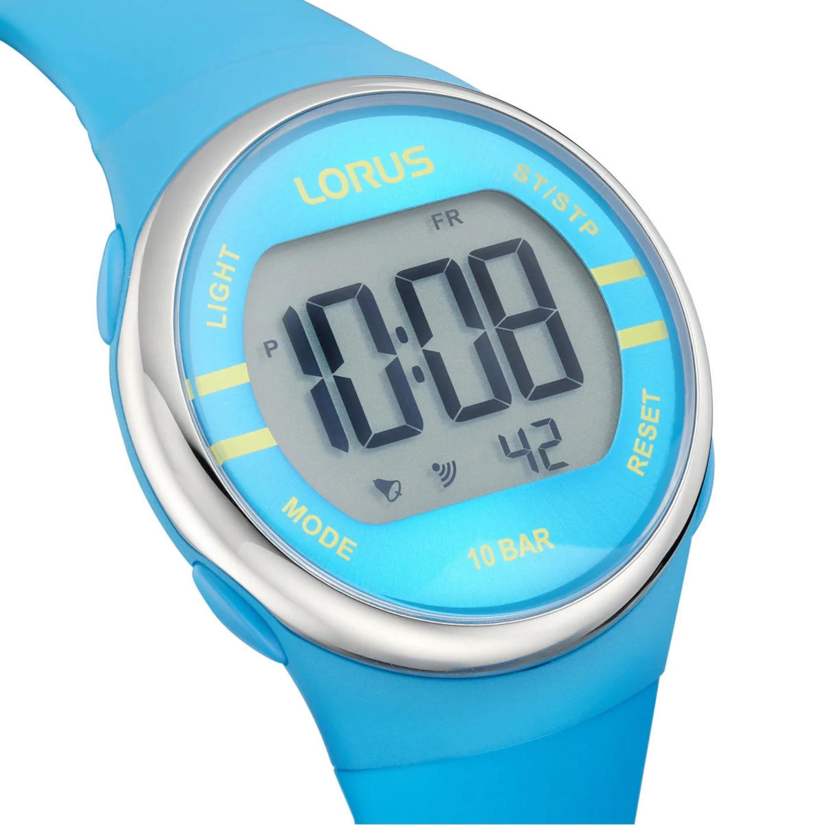 Men's digital watch with blue silicone strap, close-up round face with digital time
