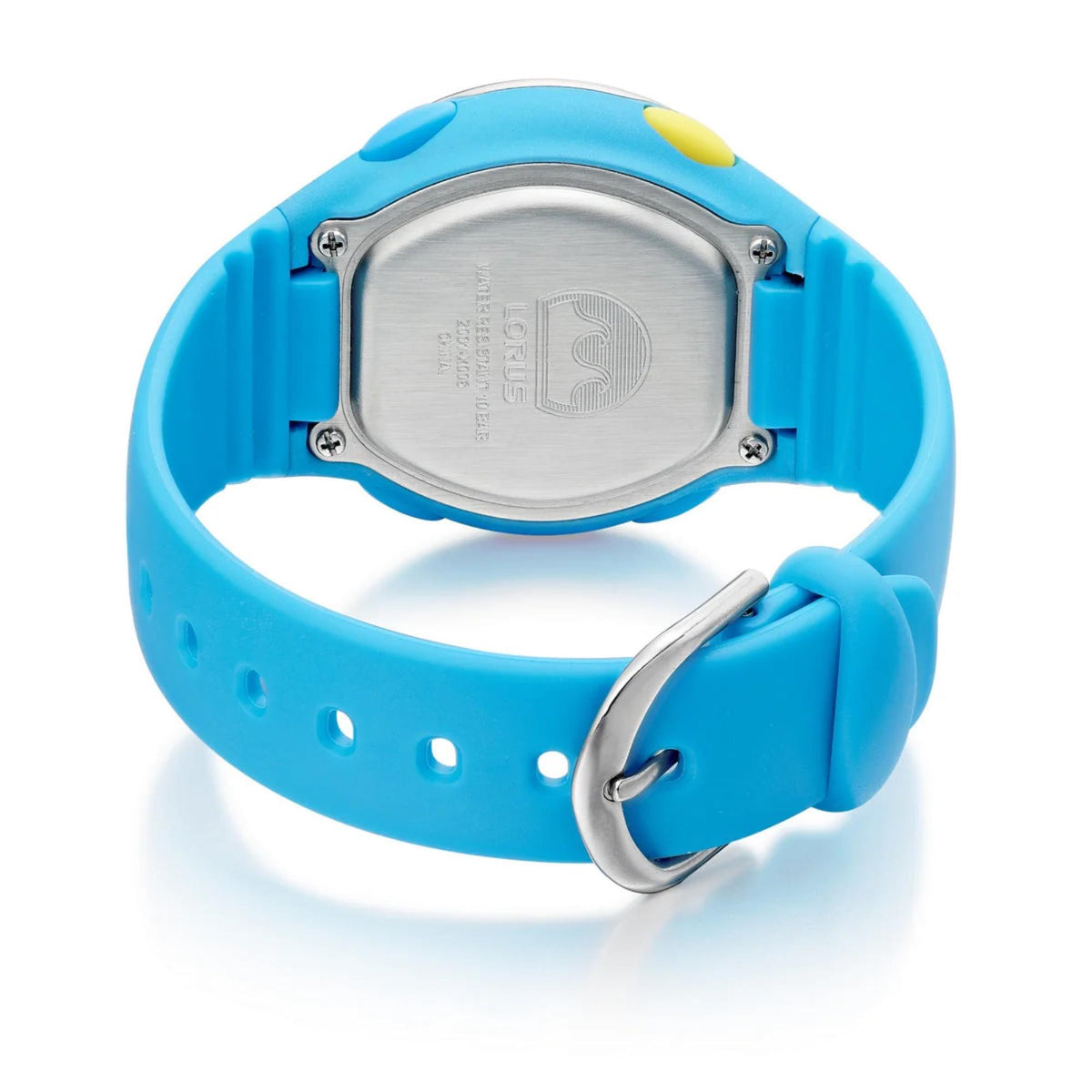 Men's digital quartz watch, blue silicone strap, silver case back with logo and screws