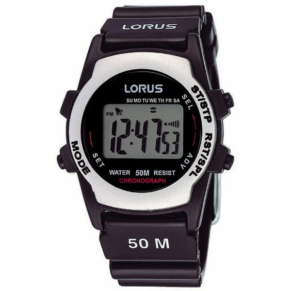 Black resin strap digital sports watch with LCD display and steel-tone case
