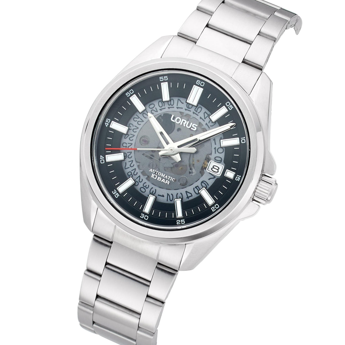 Men’s automatic wristwatch with black dial, silver hands, and stainless steel bracelet.