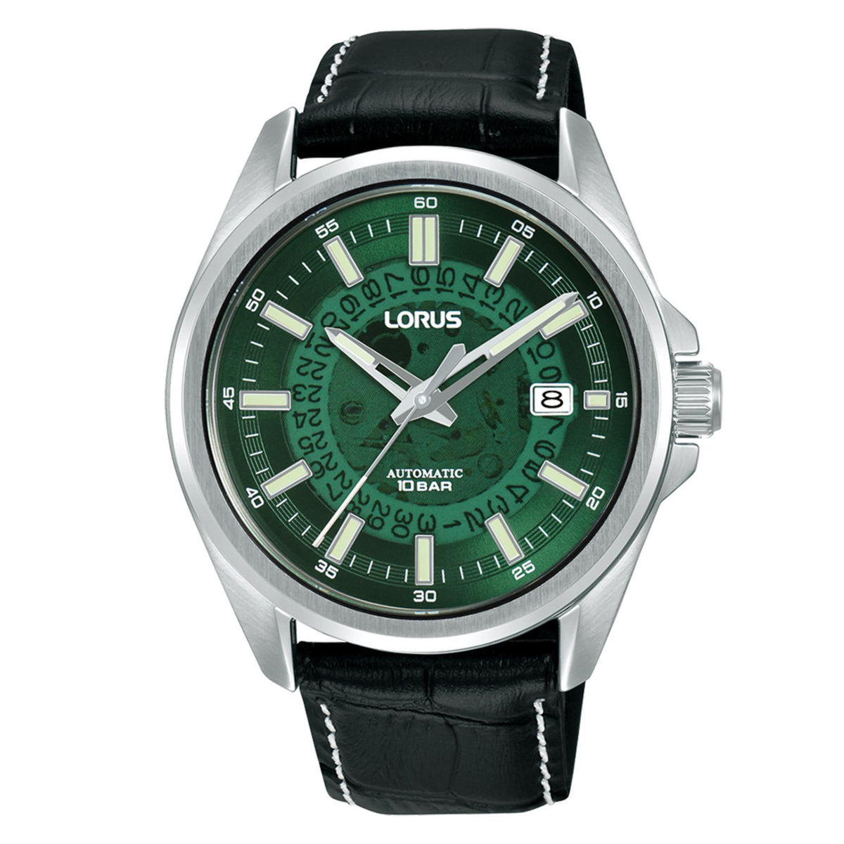 Green dial automatic men’s watch with stainless case and black leather strap, three hands