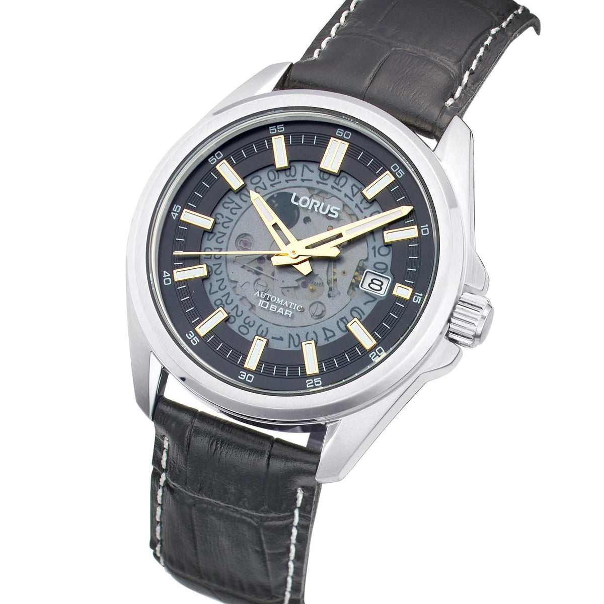 Men's automatic watch with black dial, gold-tone hands, stainless steel case, leather strap.