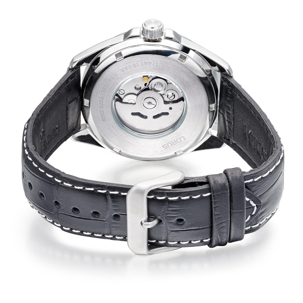 Men's watch back view with stainless steel case, movement window, black leather strap.