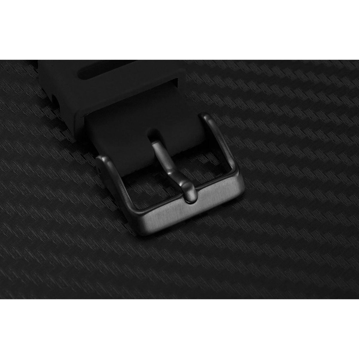 Black silicone watch strap with metal buckle and loop hardware