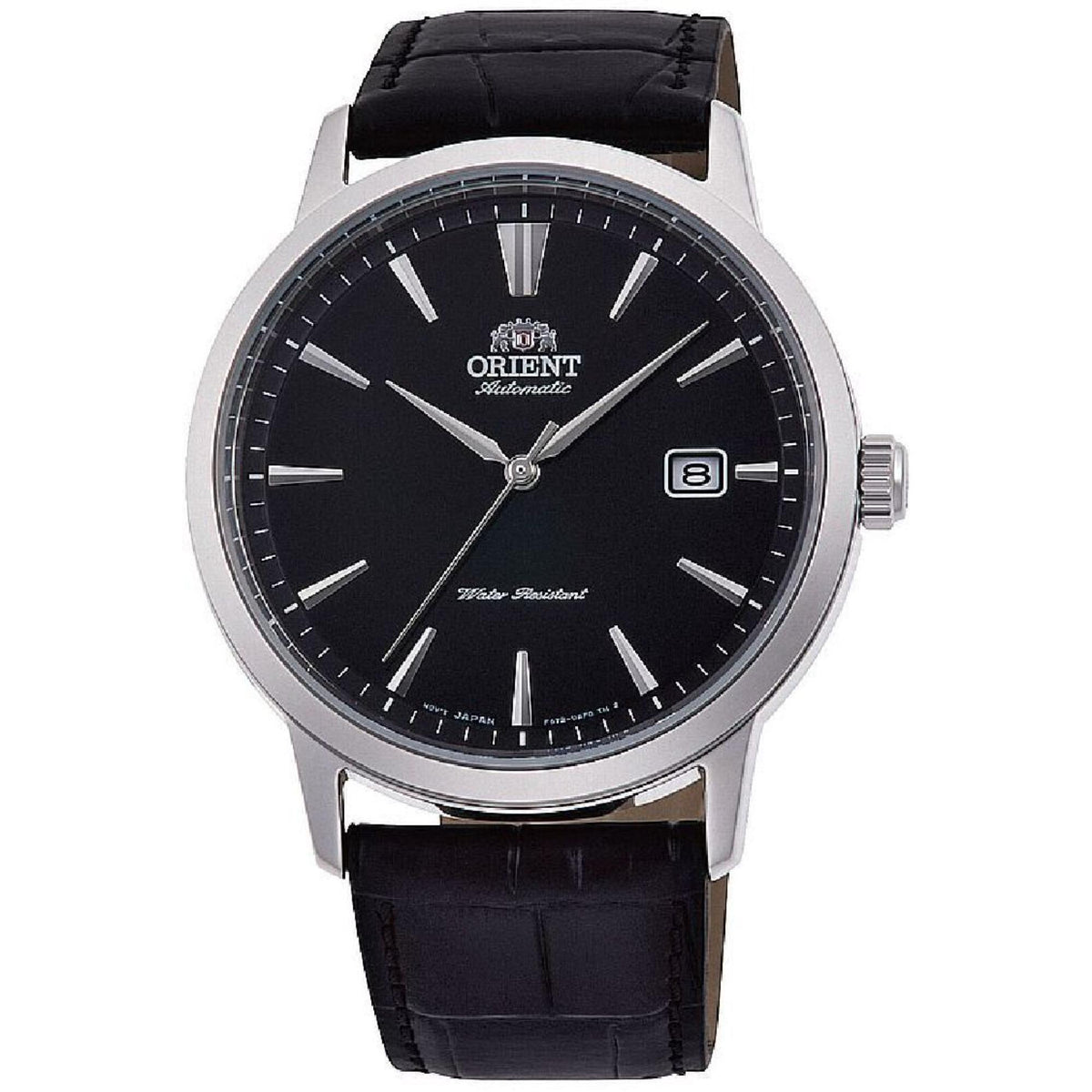 Men's automatic watch with black dial, silver case, and black leather strap