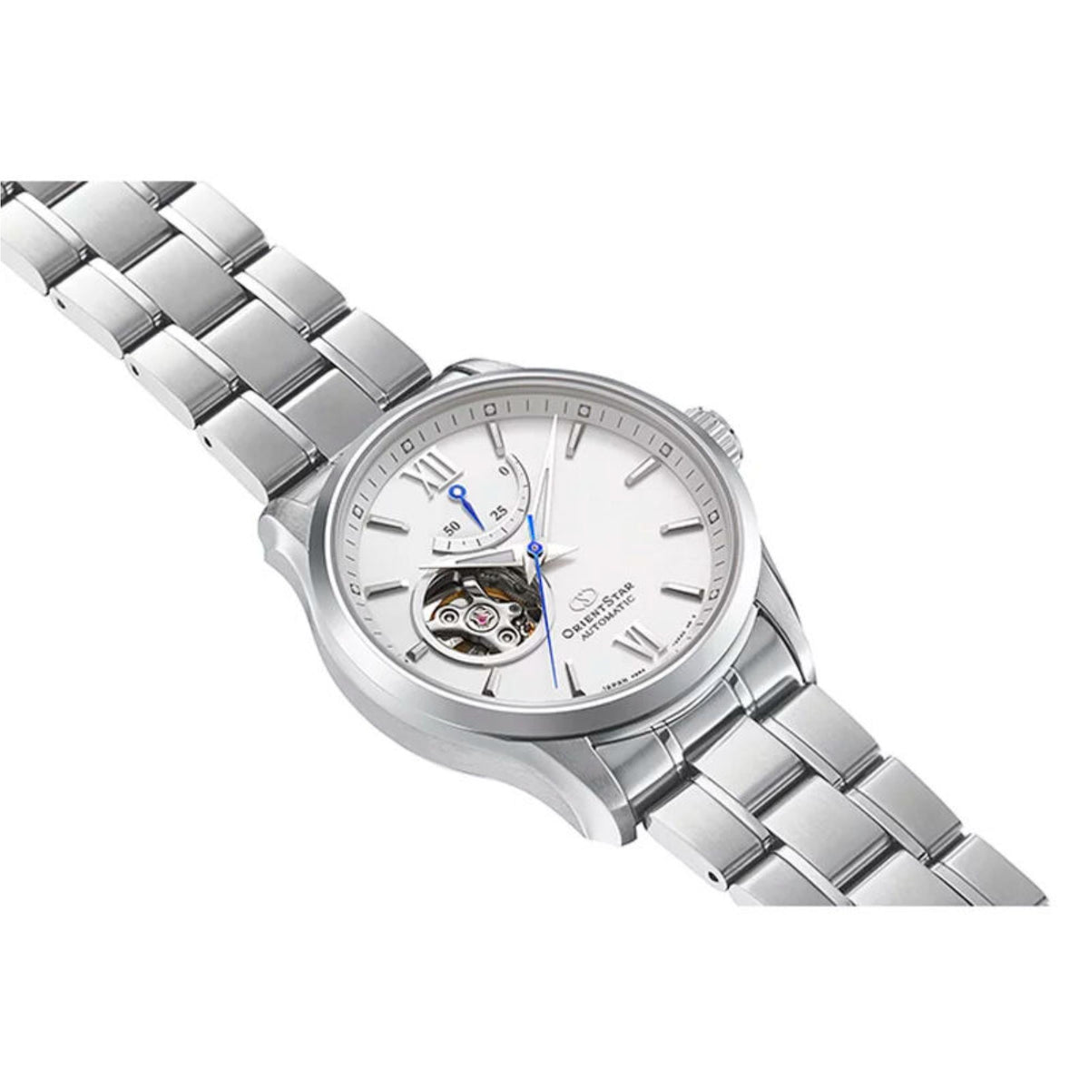 Men's automatic watch angled view, white dial with open-heart, steel bracelet links