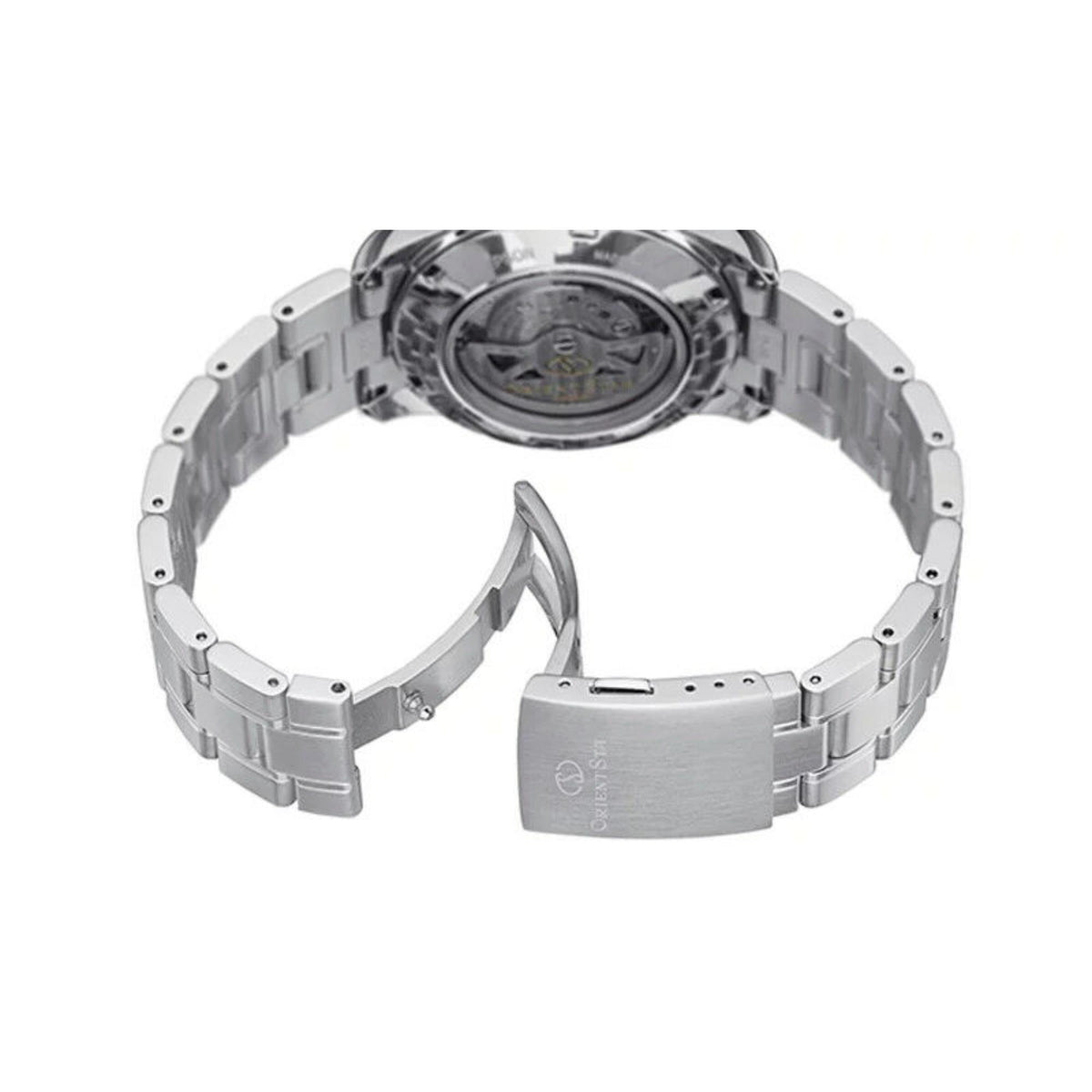 Men's steel watch caseback and bracelet, circular back display, clasp visible