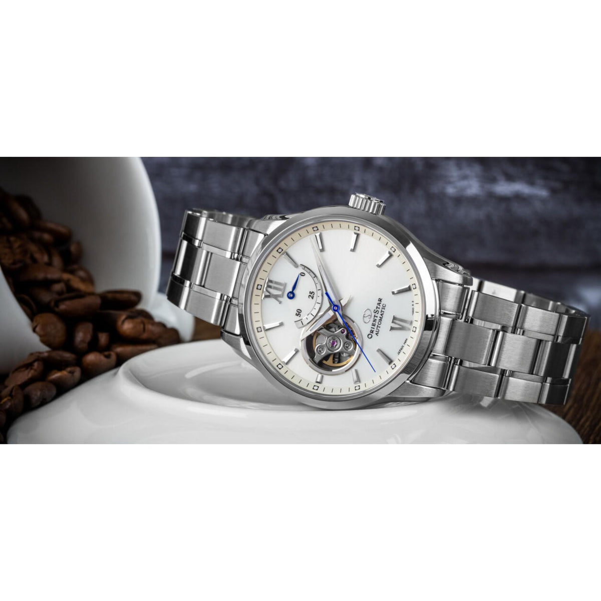 Men's automatic watch with white dial, open-heart movement, Roman numerals, steel case