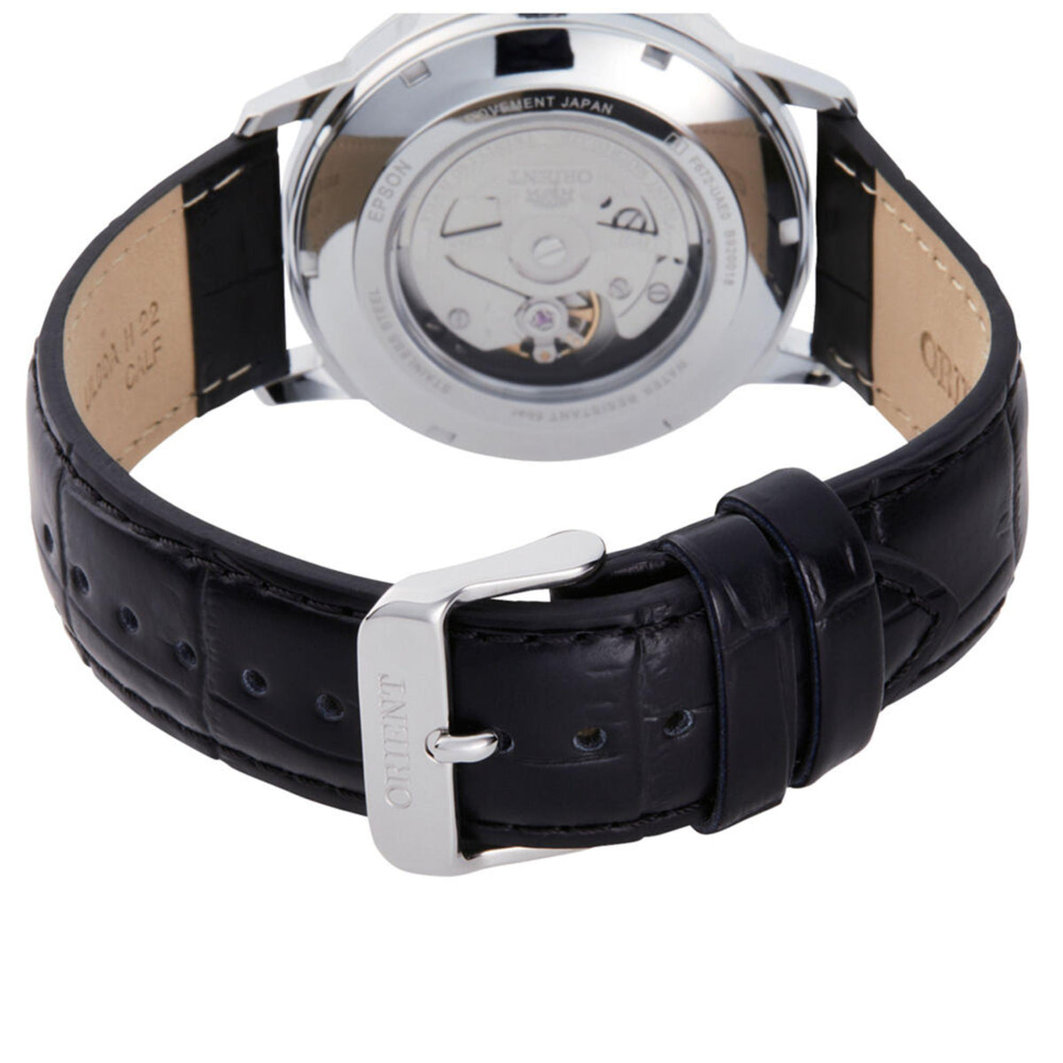 Orient Contemporary RA-AC0F05B30B watch with black leather strap and silver buckle on a white background