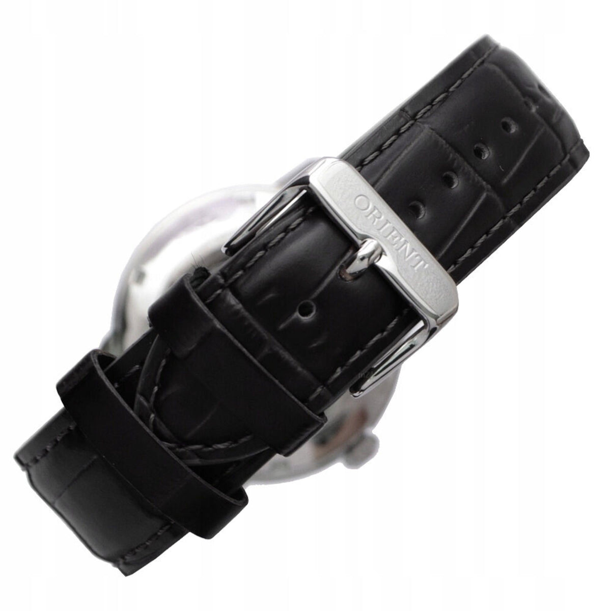 Orient Contemporary RA-AC0F05B30B black watch strap with stainless steel buckle on a white background