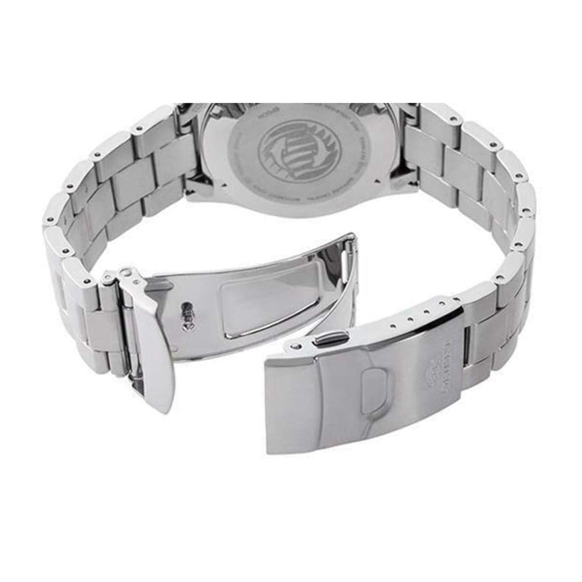 Men's steel automatic wrist watch back view with linked metal bracelet and clasp