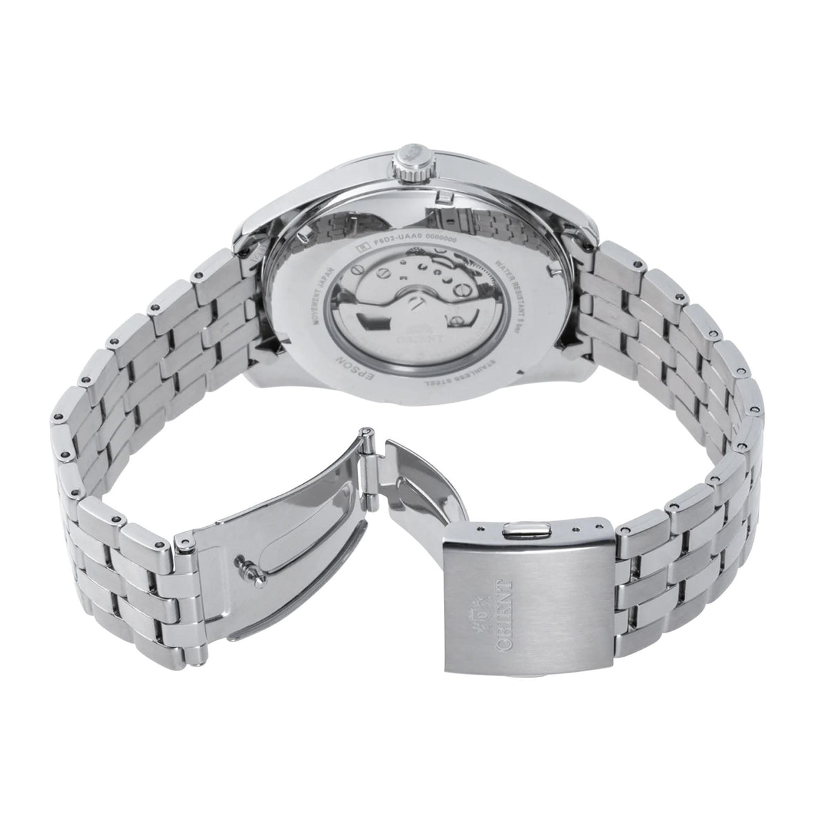 Men's steel automatic watch back view, silver case with bracelet links and crown at top