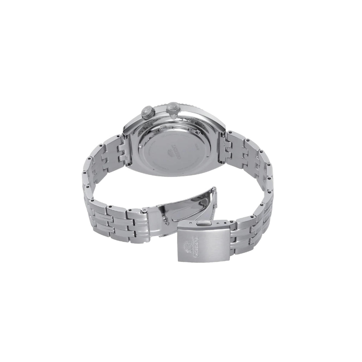 Men's steel automatic watch back view with bracelet links and deployment clasp