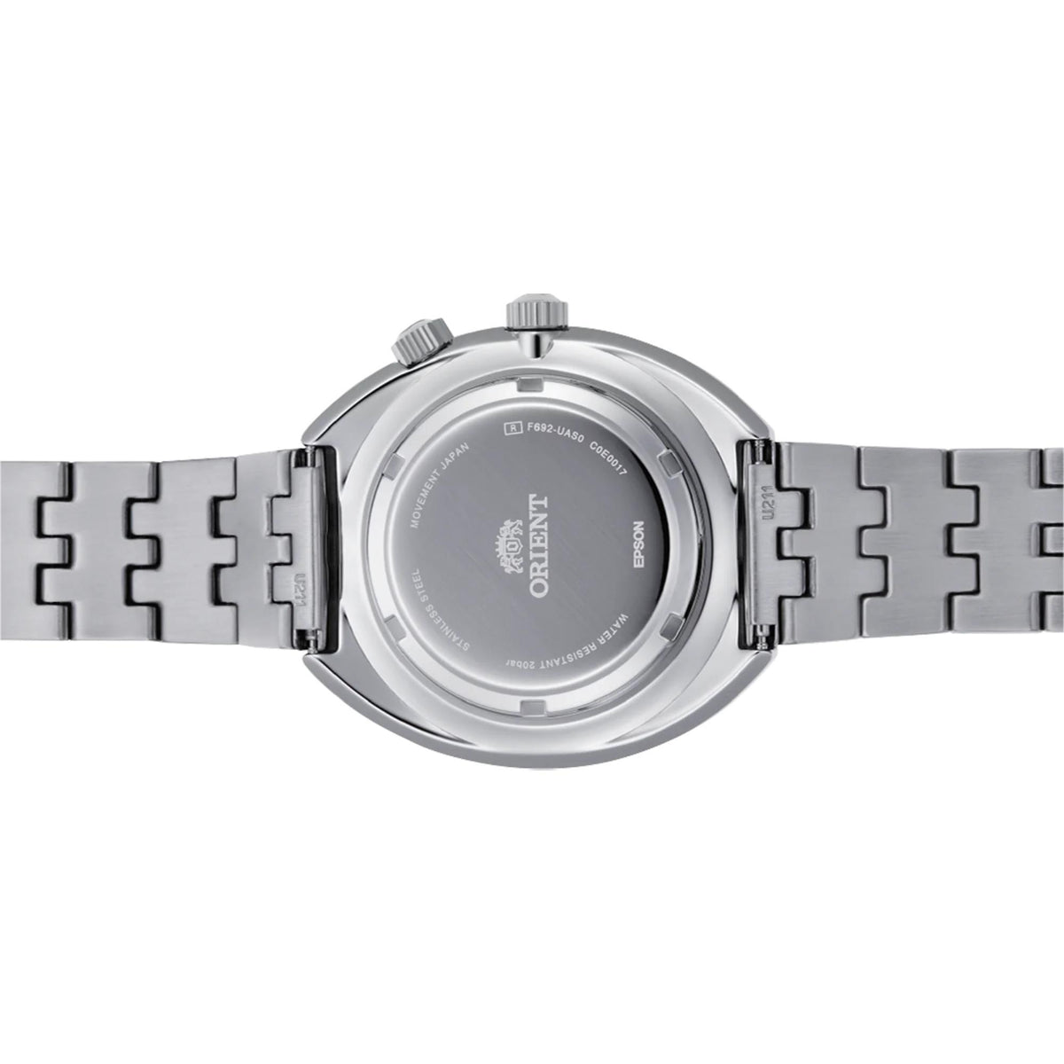 Men's steel watch caseback with readable markings and linked bracelet