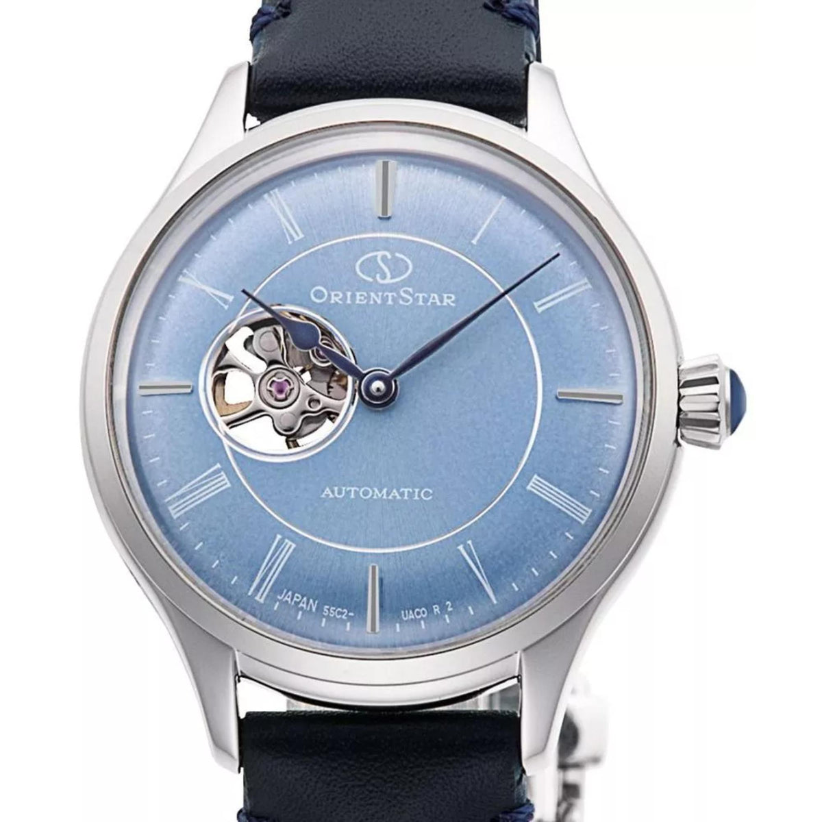 Orient Star automatic watch with blue semi-skeleton dial and navy leather strap