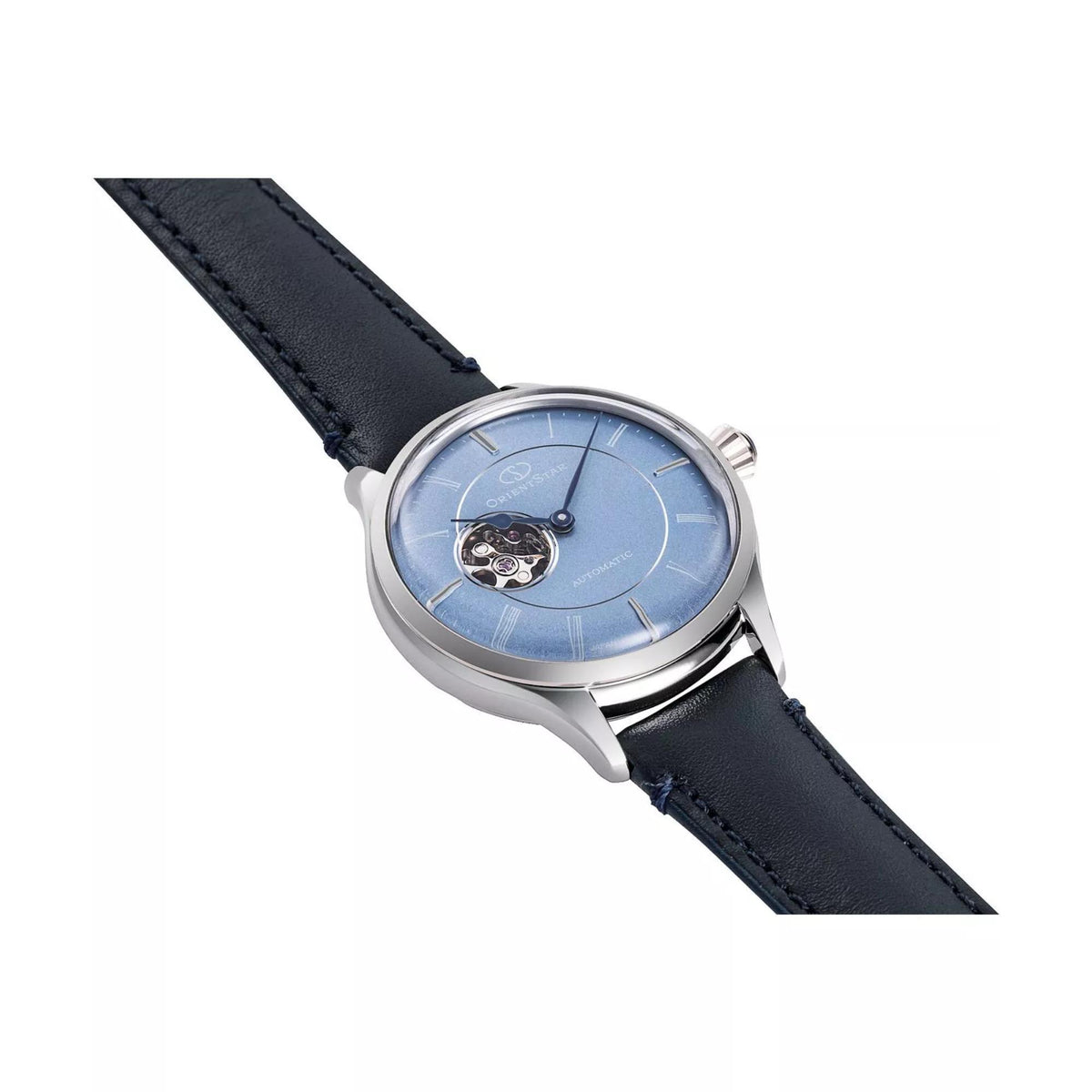 Orient Star semi-skeleton automatic watch with blue dial and navy leather strap