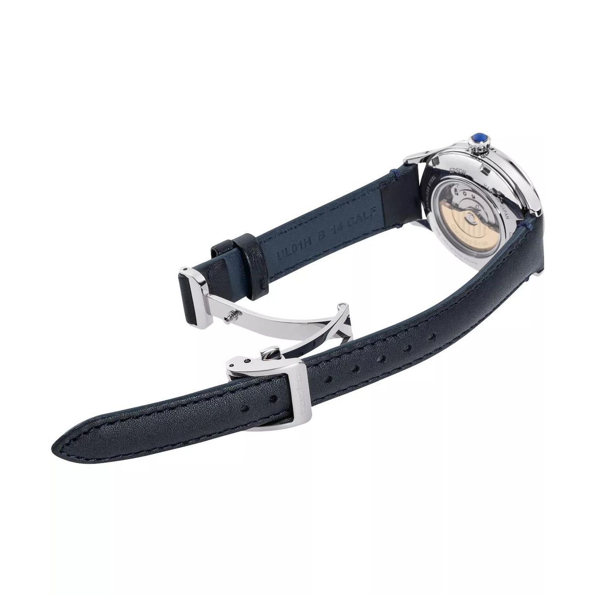 Orient Star watch with navy leather strap and steel case, side view with clasp