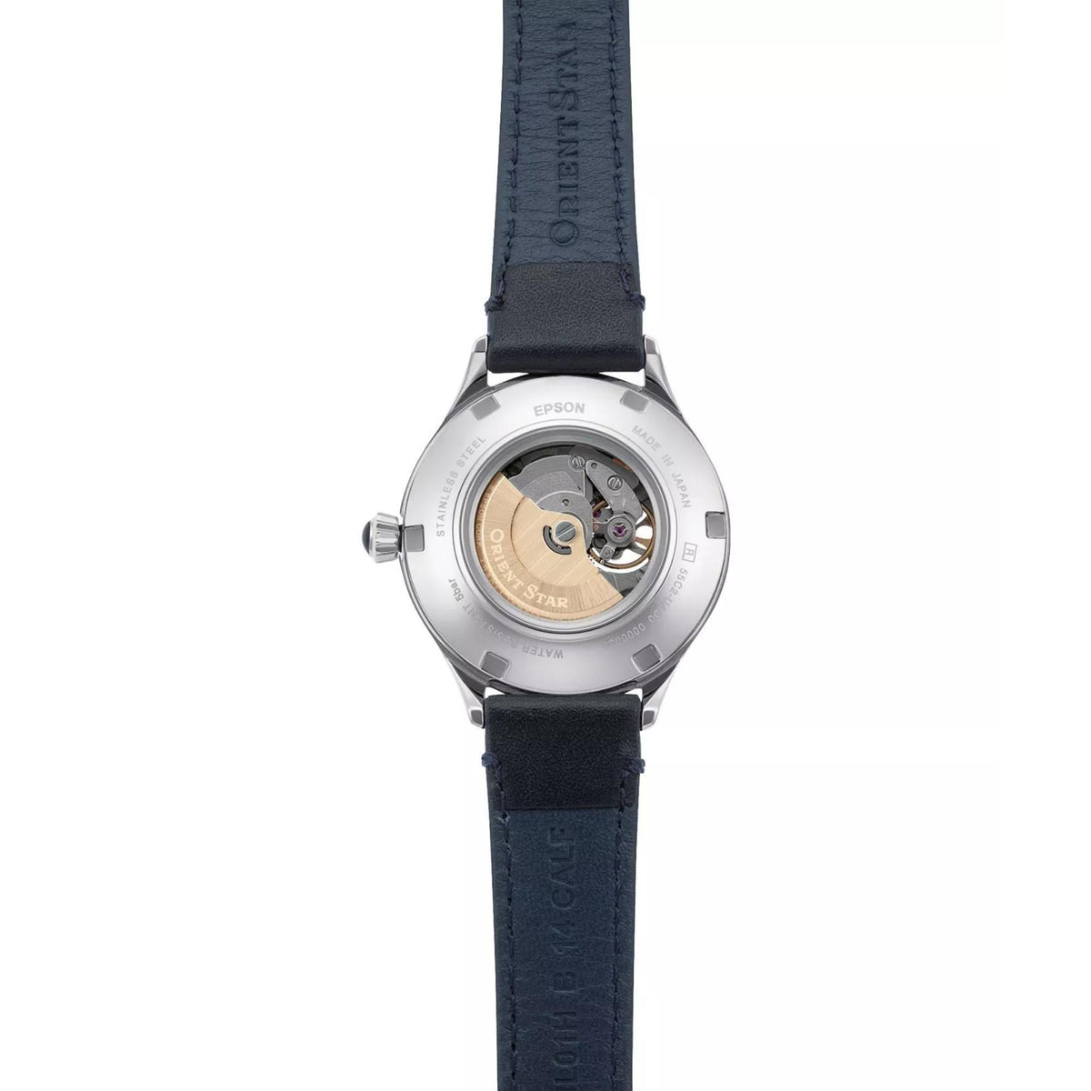 Orient Star watch with navy leather strap and visible caseback movement