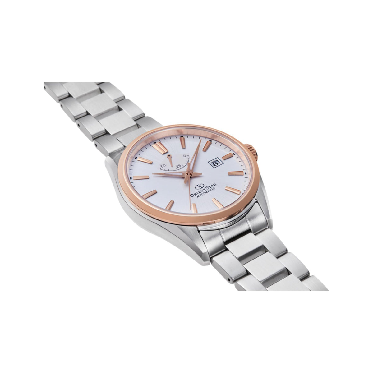 Mens automatic wristwatch with white dial, rose-gold accents, and stainless steel link bracelet.