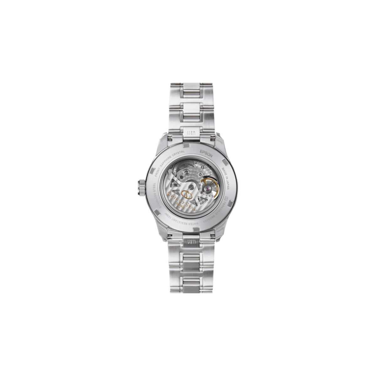 Men's steel automatic wristwatch with green dial, side view showing crown and bracelet