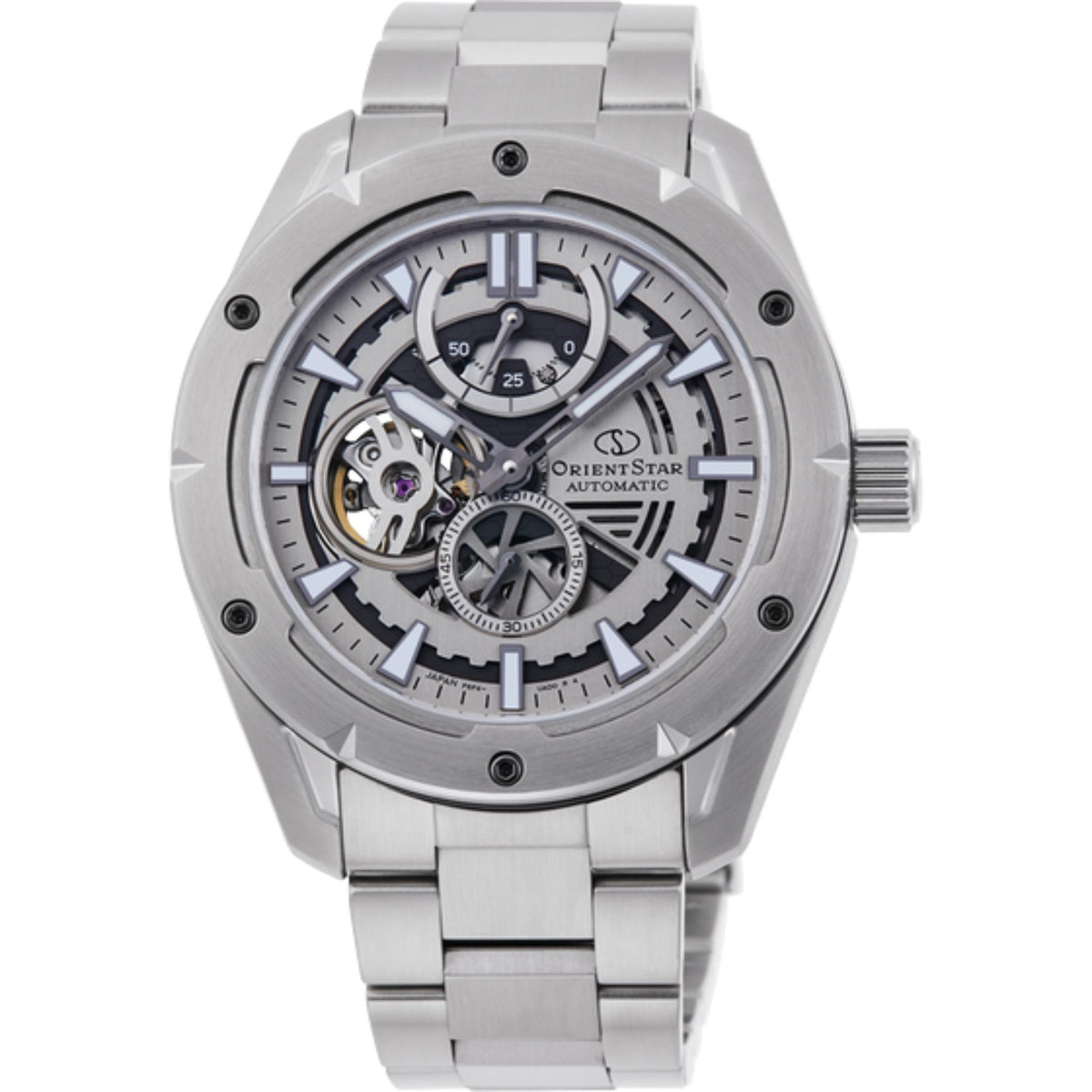 Skeleton automatic watch with silver steel case, openwork dial, and metal link bracelet