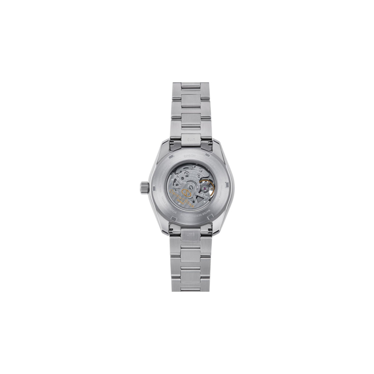 Silver steel automatic skeleton watch with slim profile and metal link bracelet