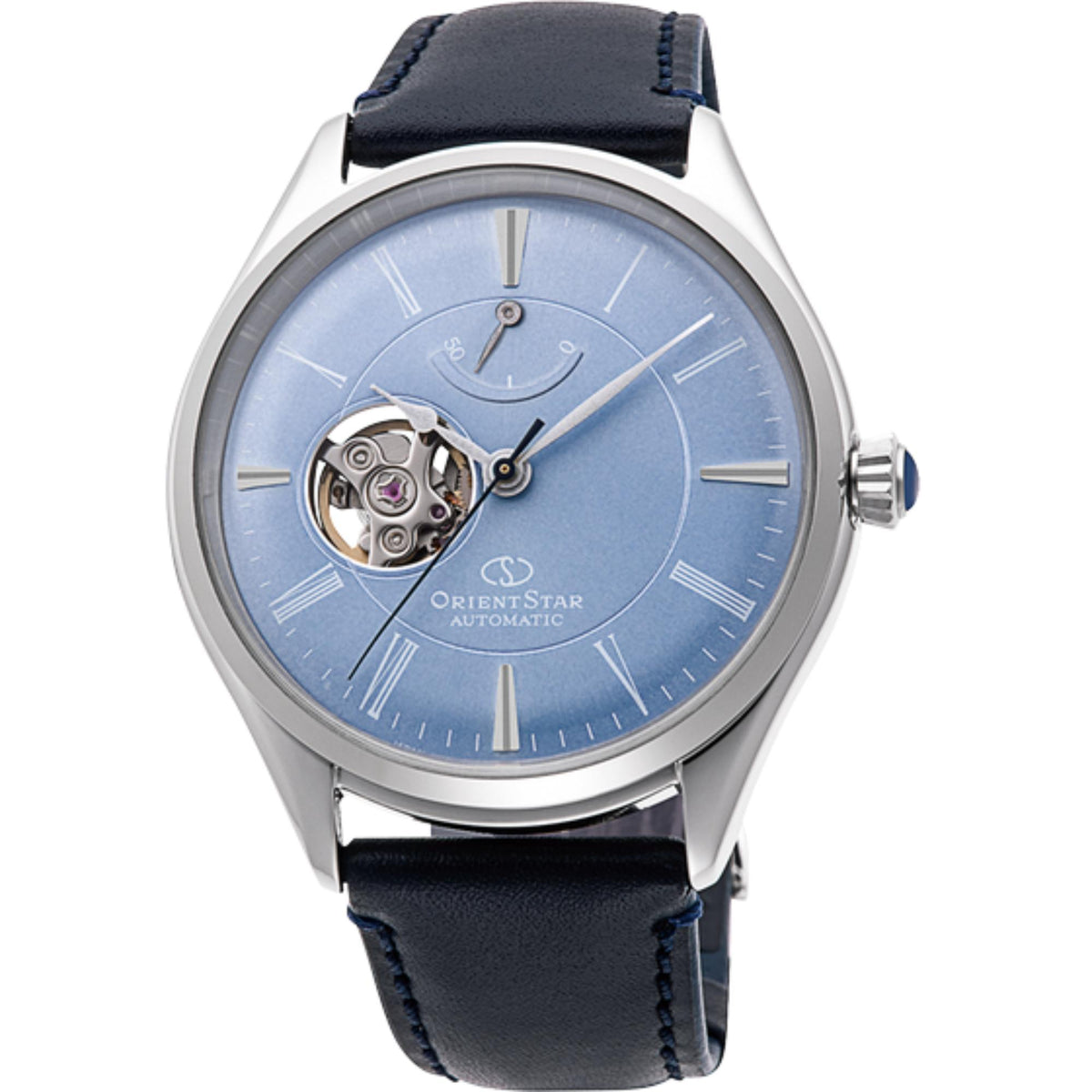 Mens automatic watch with blue semi-skeleton dial, stainless case, and navy leather strap