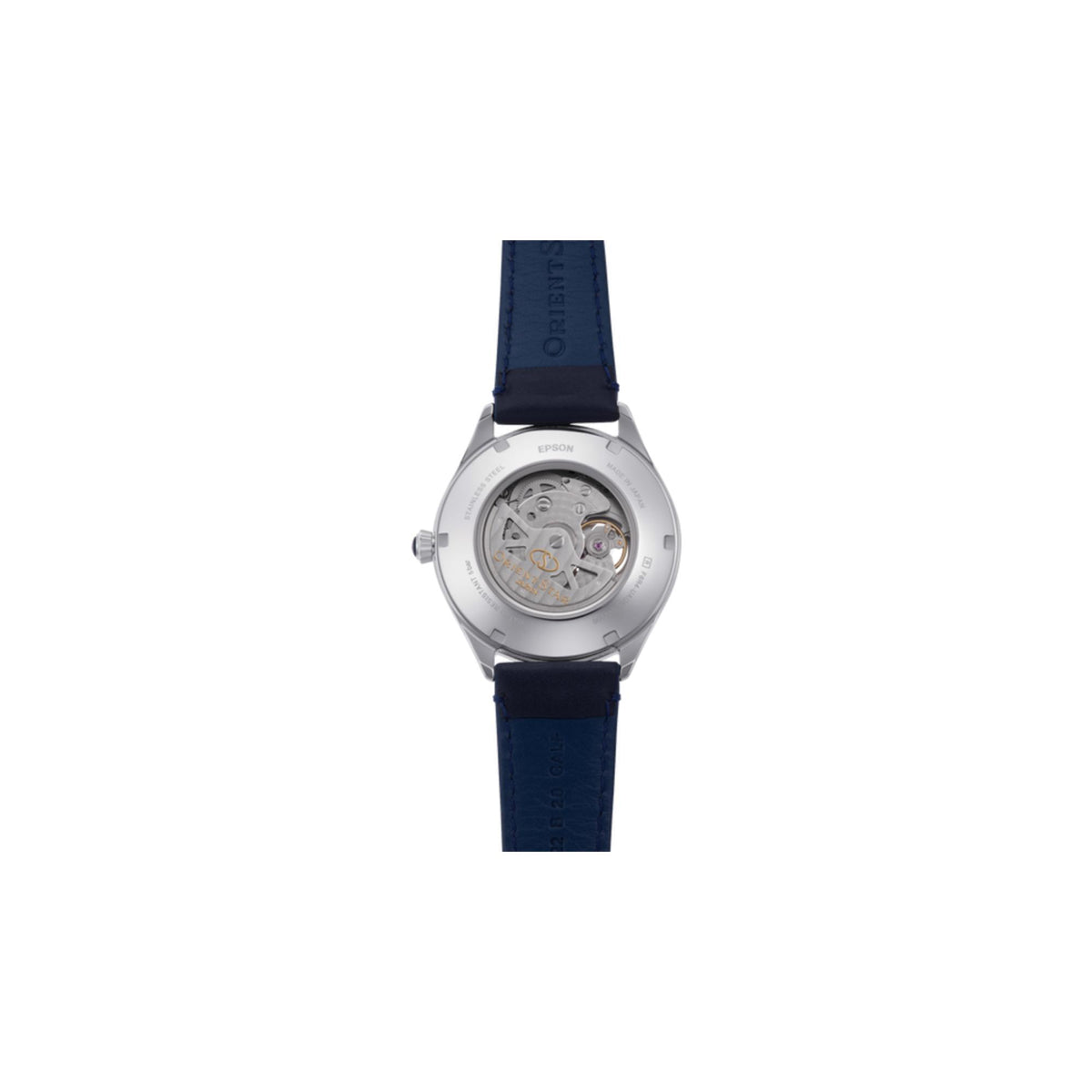 Mens automatic watch side view, navy leather strap, silver case with transparent movement window
