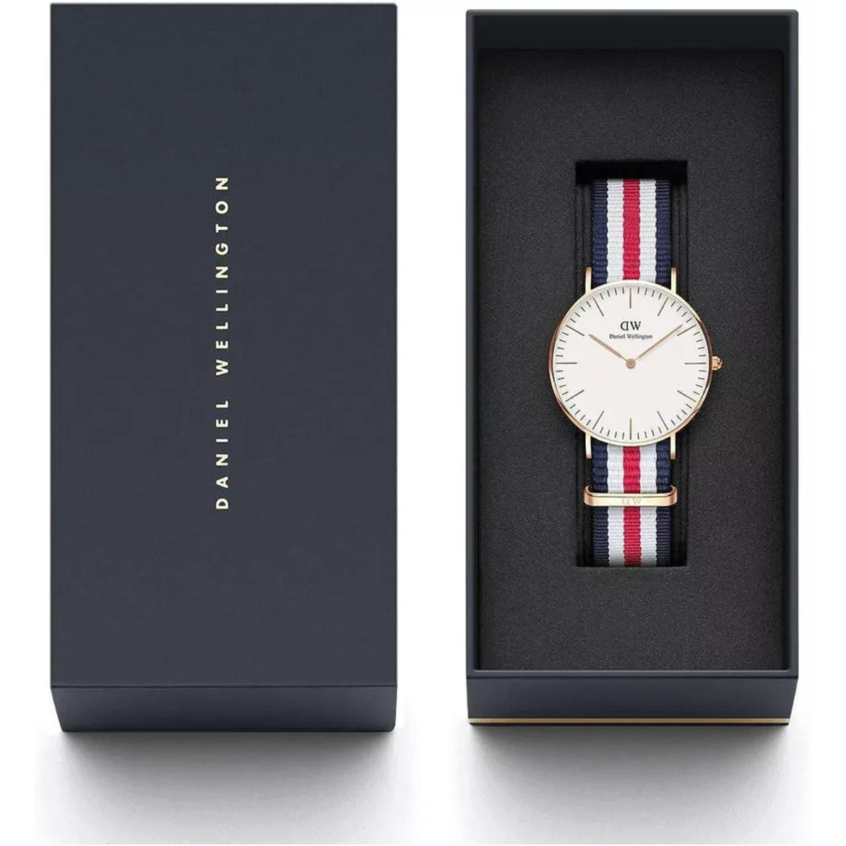 Daniel Wellington men's quartz watch in gift box with navy red striped fabric strap