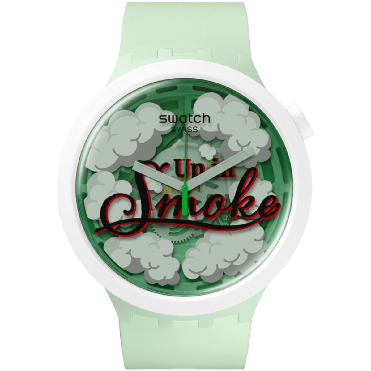 Swatch wristwatch with mint green strap and round dark dial featuring “Up in Smoke” script