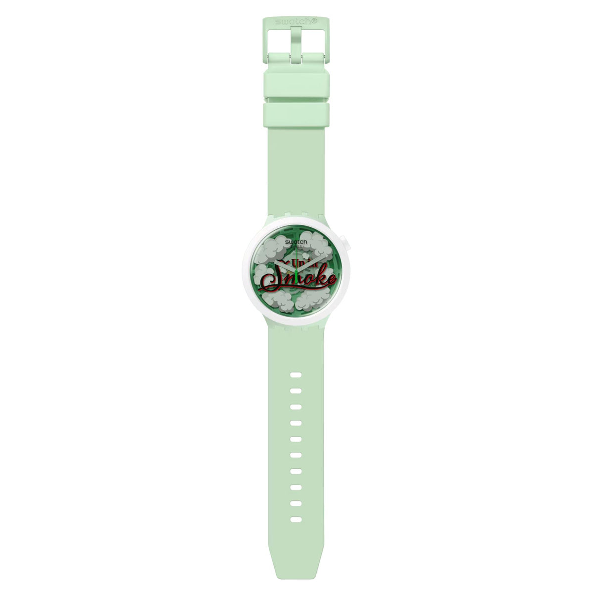 Mint green Swatch watch in side view with round face and “Up in Smoke” graphic