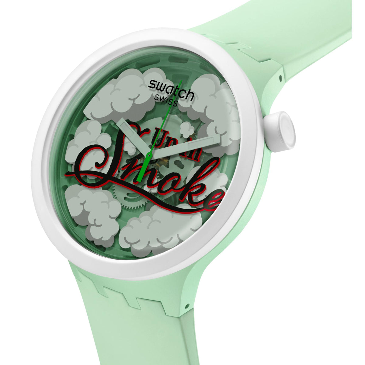 Close-up Swatch watch face with mint green strap; dial shows “Up in Smoke” and clouds