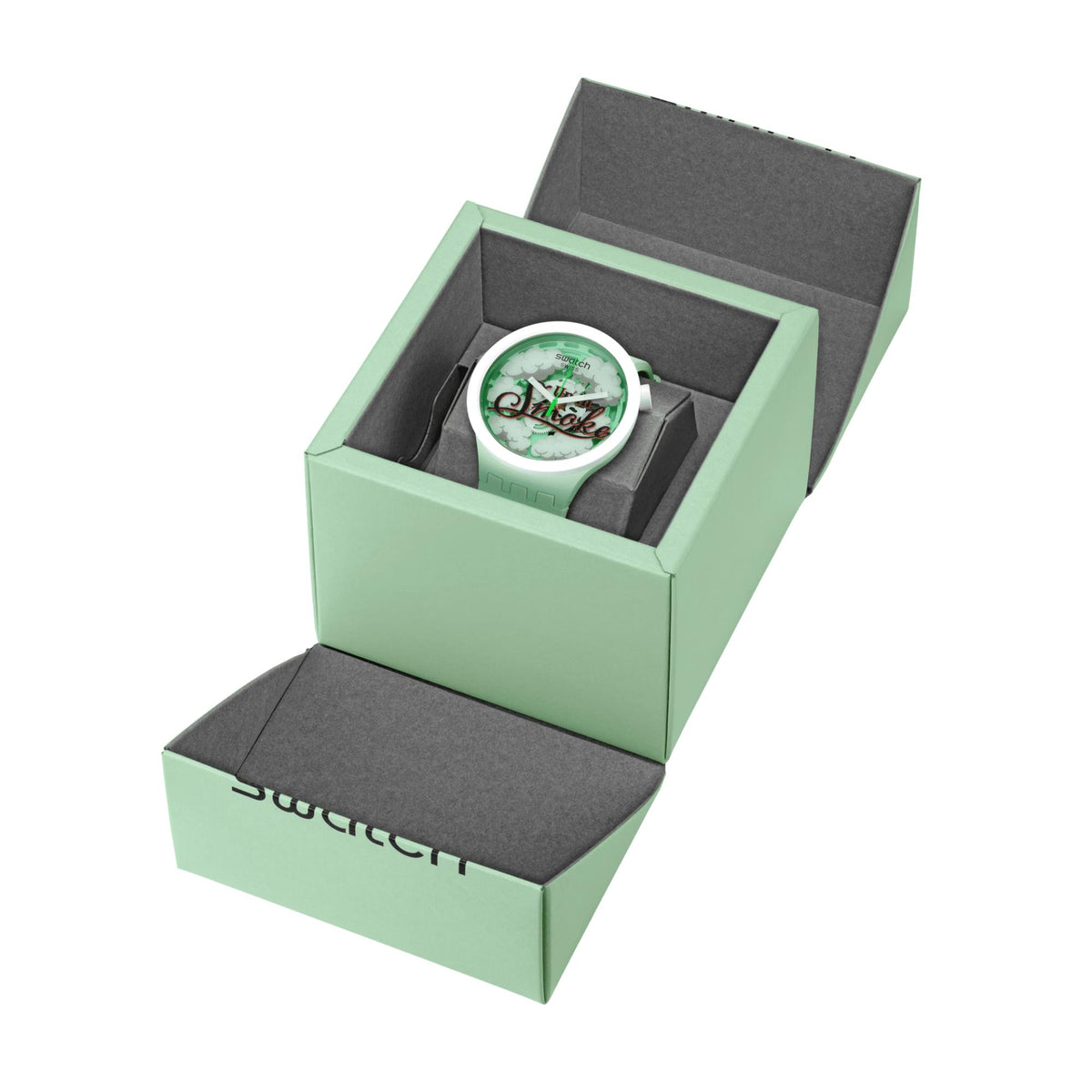 Swatch watch in open mint green gift box with gray cushion; round dial visible