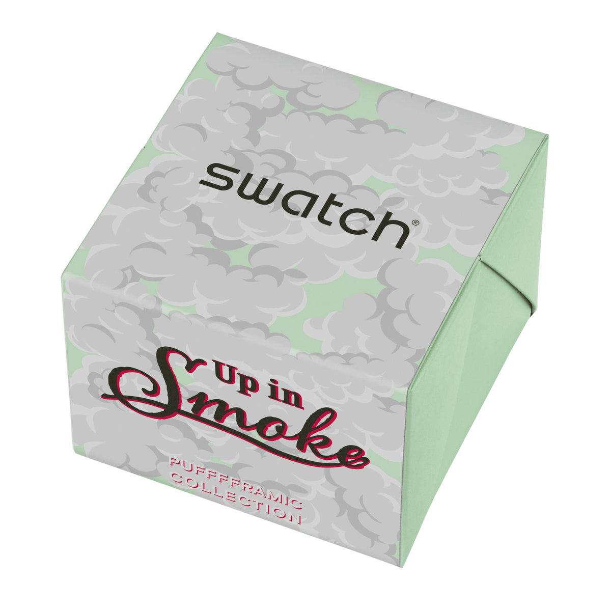 Swatch watch presentation box in mint green with cloud pattern and “Up in Smoke” design