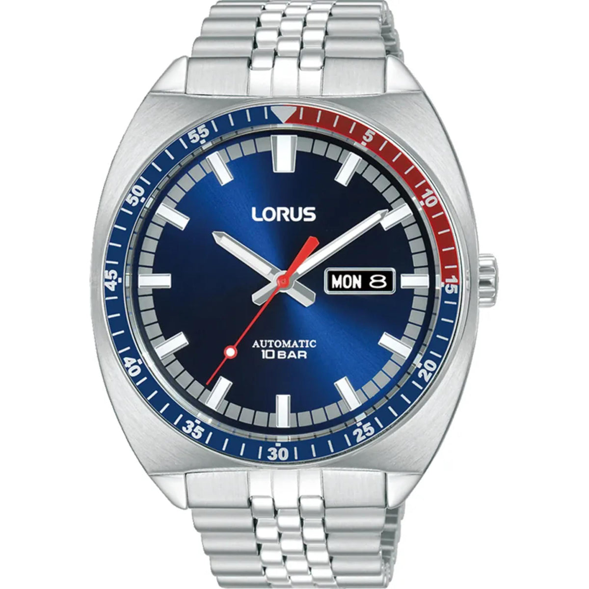 Men's stainless steel bracelet watch with blue dial, red bezel ring, and date window