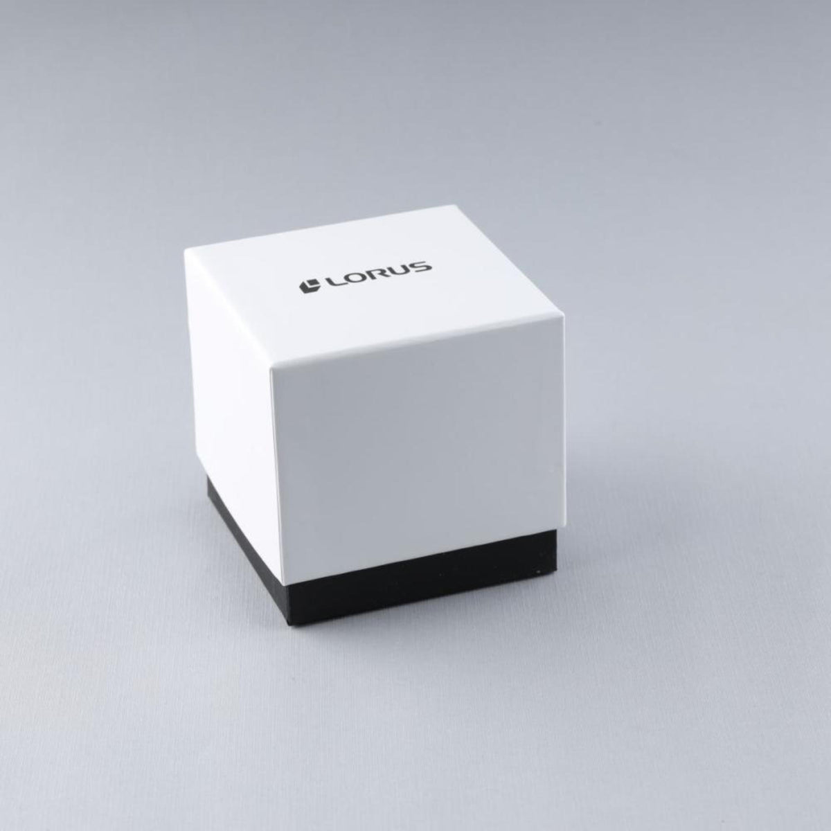 Lorus watch presentation box with black base and Lorus logo