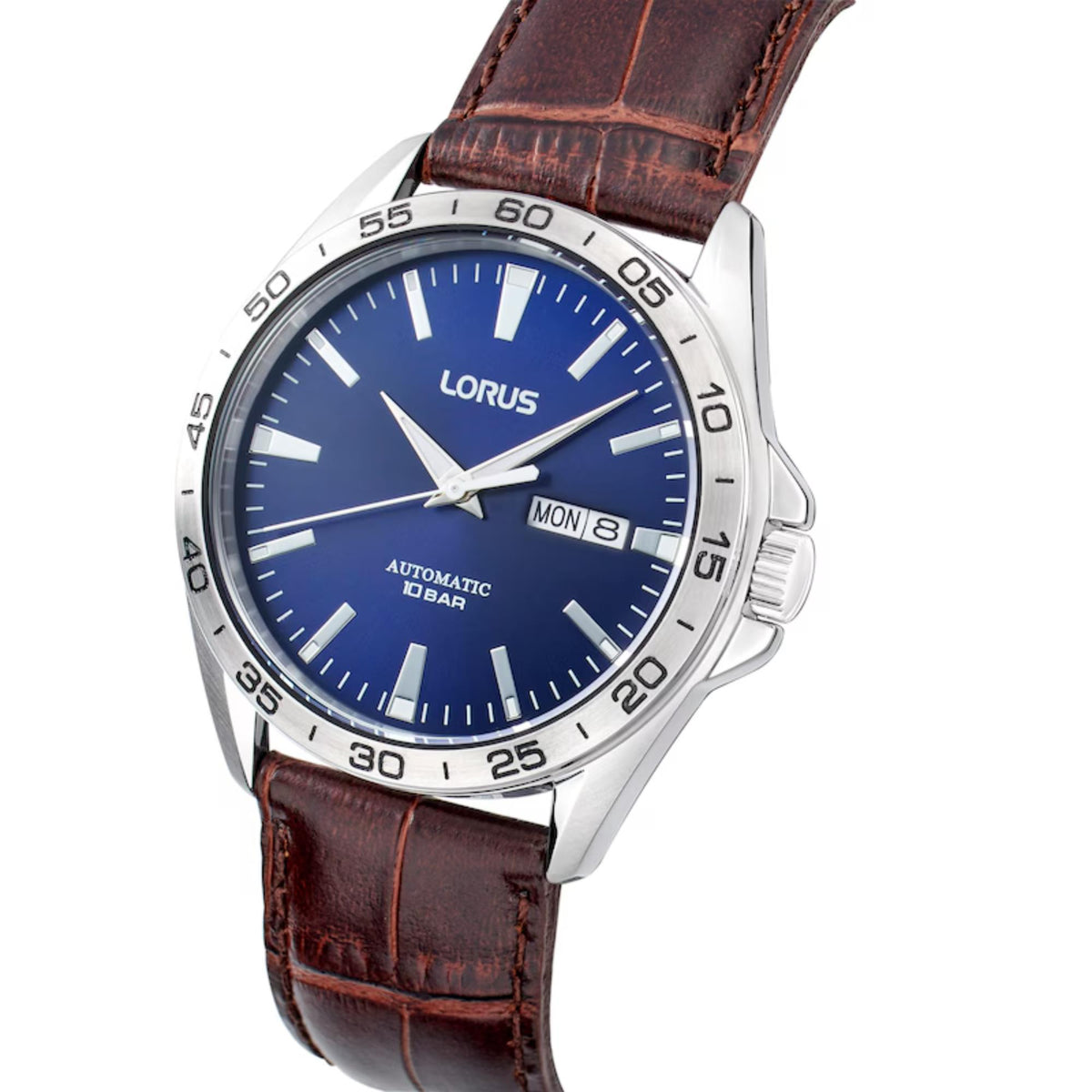 Men's automatic watch with blue dial, baton hour markers, Mon date display, brown leather strap