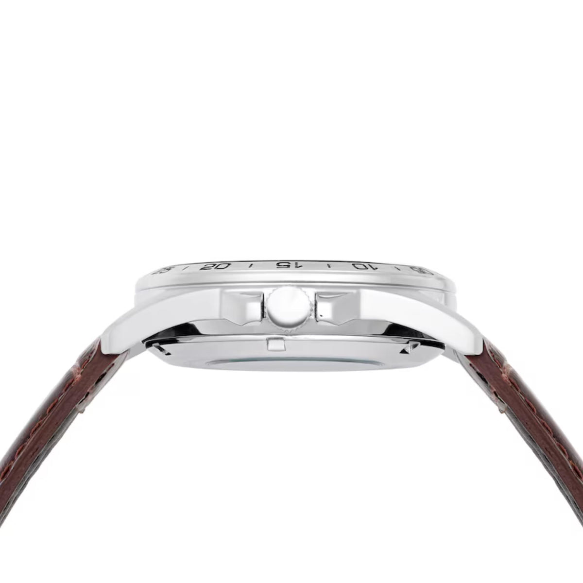 Men's automatic watch side view with crown and lugs, brown leather strap, blue dial